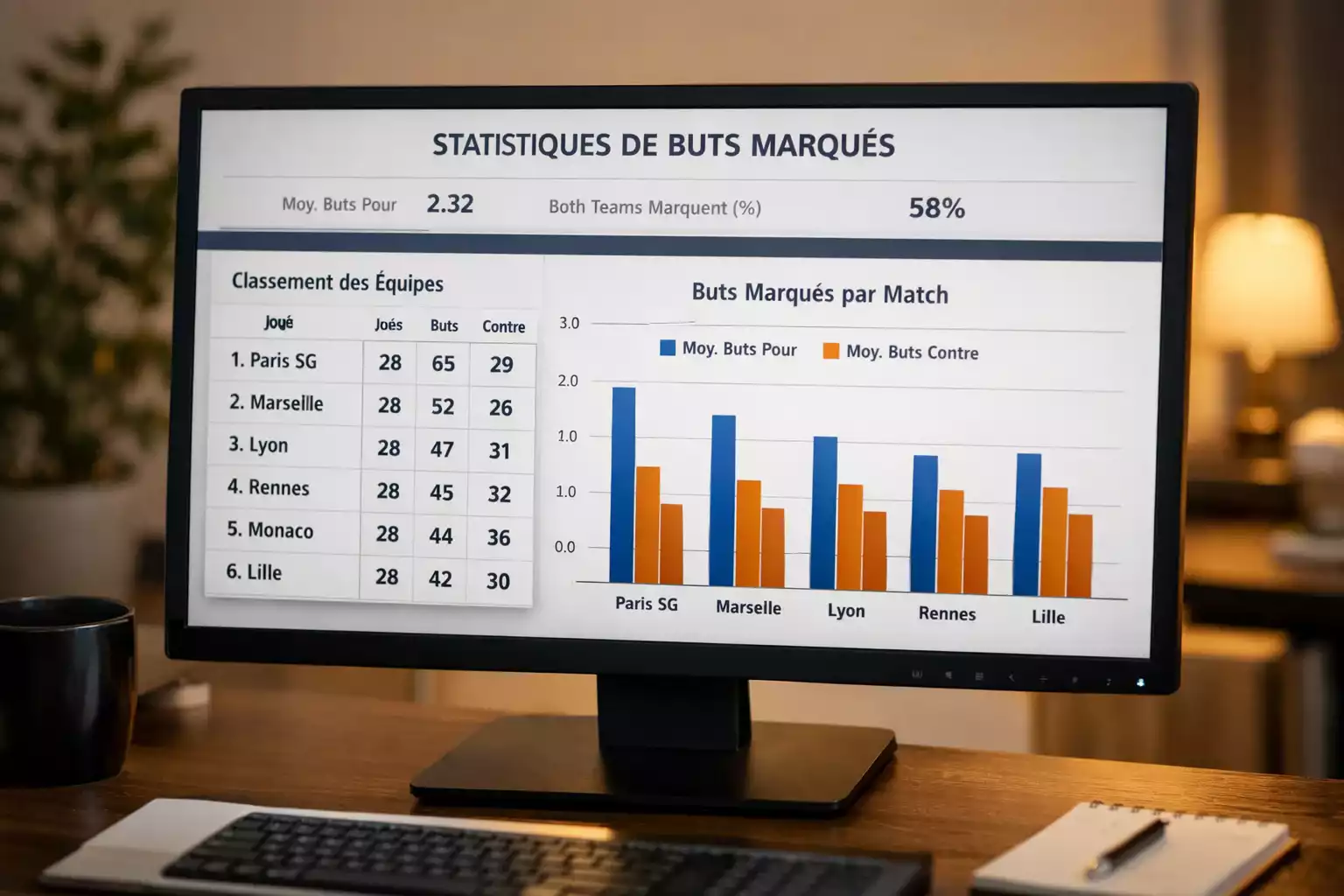 &Eacute;cran d'ordinateur affichant des statistiques de buts marqu&eacute;s par &eacute;quipe