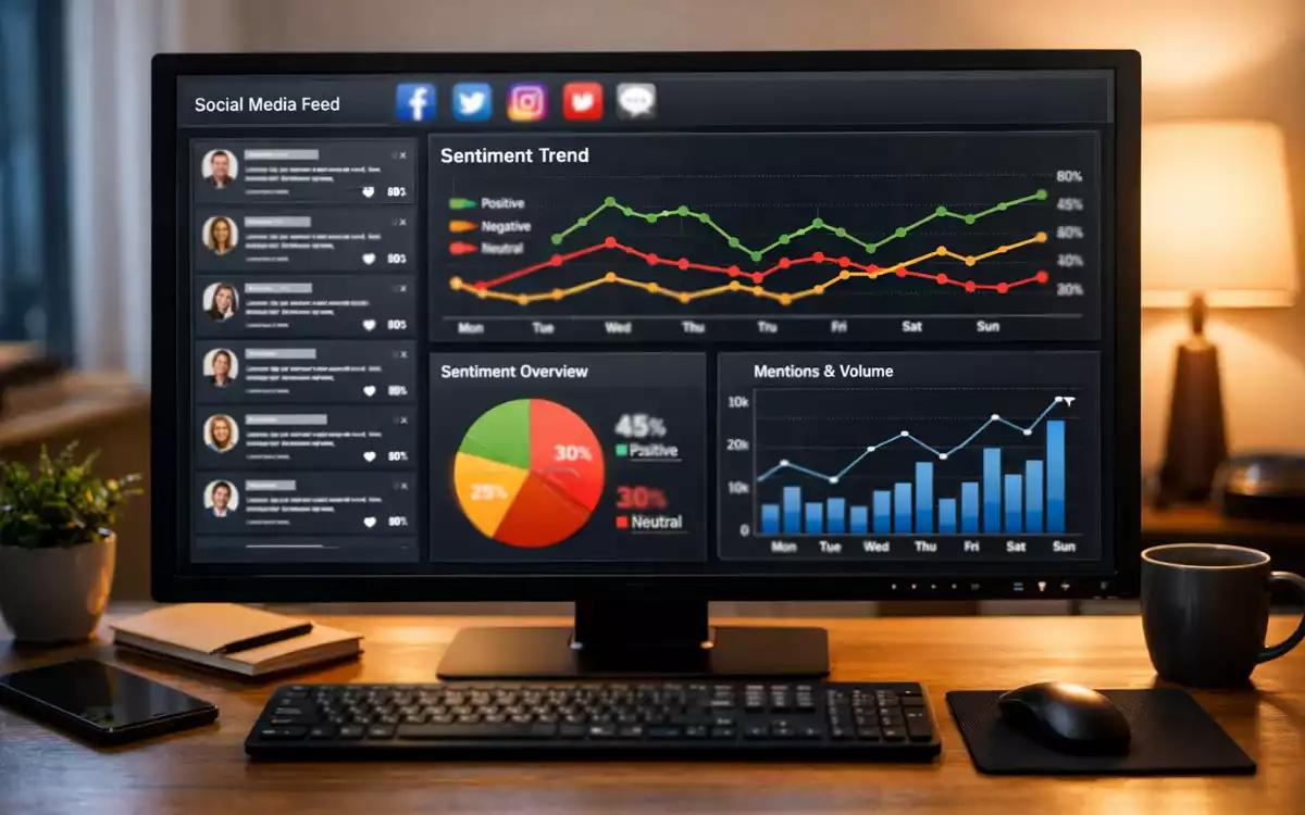 &Eacute;cran d'ordinateur affichant des donn&eacute;es de r&eacute;seaux sociaux et des graphiques d'opinion publique