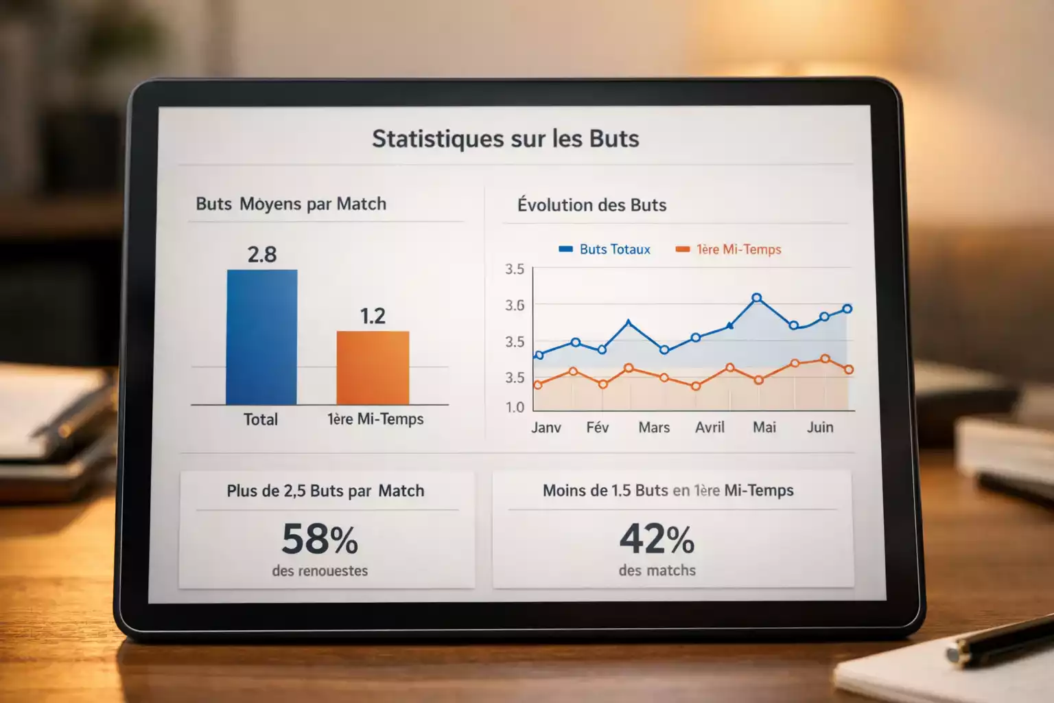 Interface d'analyse affichant des moyennes de buts et des graphiques de tendances
