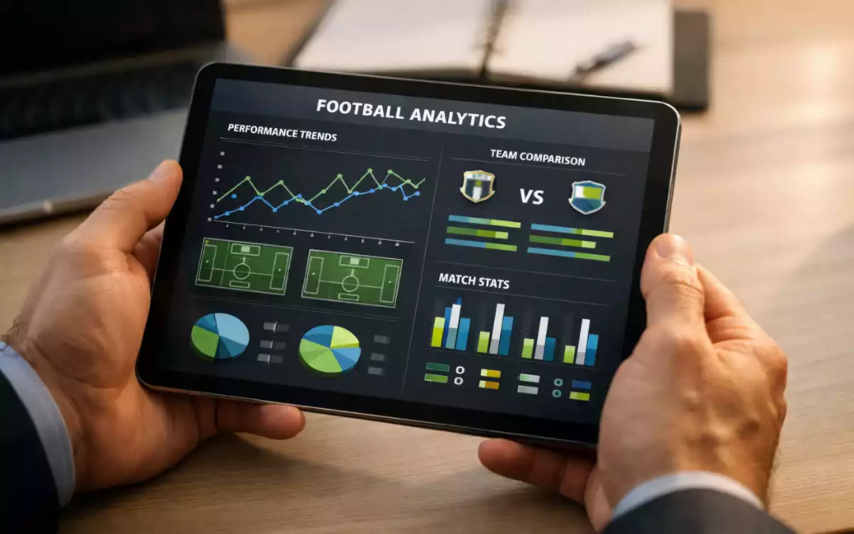 Personne analysant des statistiques de football sur une tablette avec des graphiques de performance