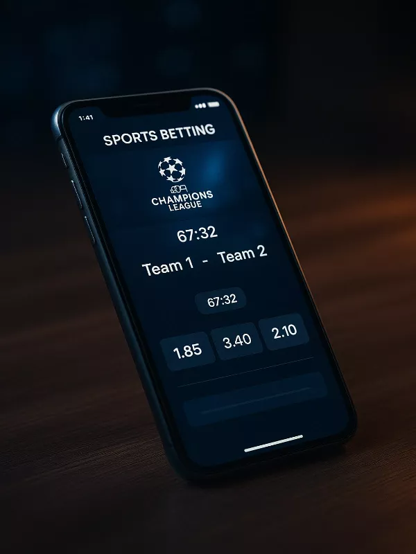 Interface d'application mobile de paris sportifs pour la Champions League en temps réel