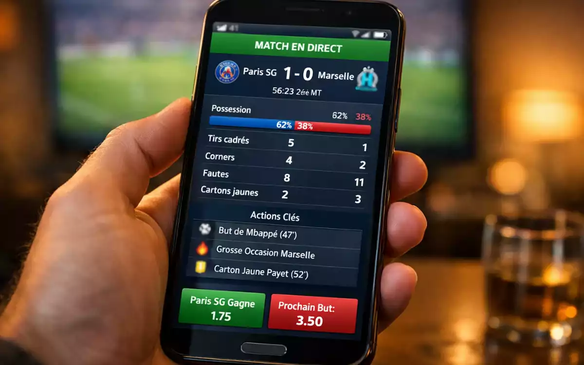 Smartphone affichant des statistiques de match en temps r&eacute;el avec possession et tirs