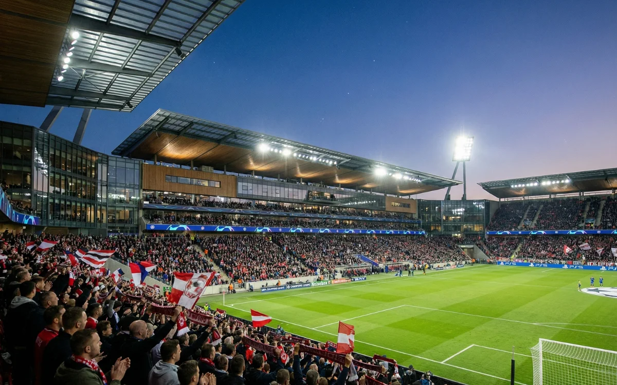Stade de football moderne avec une architecture distinctive et des tribunes remplies de supporters