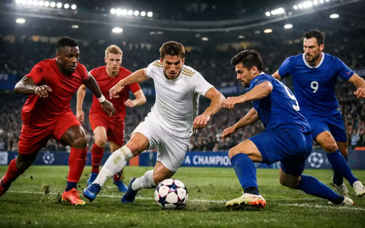 Joueurs de football en action lors d'un match de nuit en Ligue des Champions