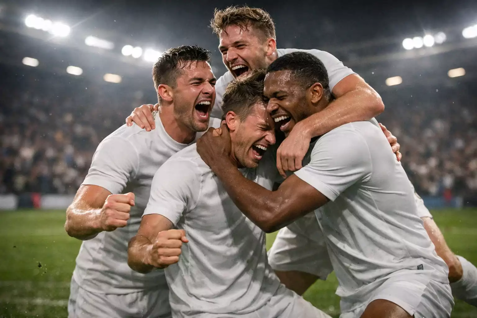 Joueurs de football c&eacute;l&eacute;brant un but avec enthousiasme sur un terrain de football professionnel sous les projecteurs