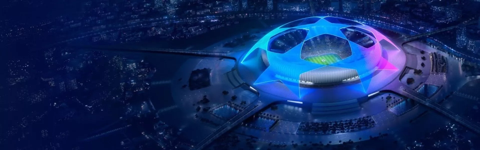 Stade de Champions League illuminé avec ambiance électrique