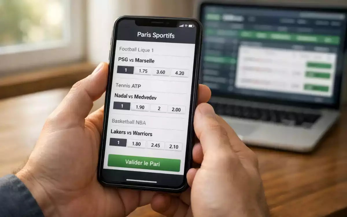 Personne utilisant un smartphone pour comparer des offres de paris sportifs avec un ordinateur portable en arri&egrave;re-plan
