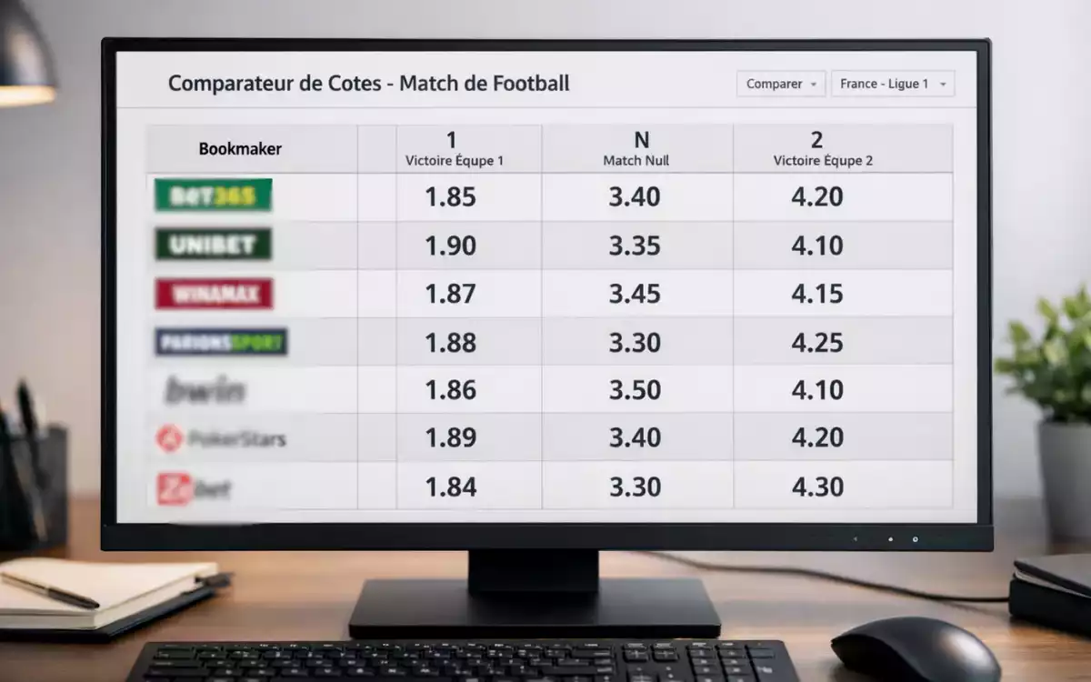 Tableau comparatif affichant les cotes de différents bookmakers pour un même match