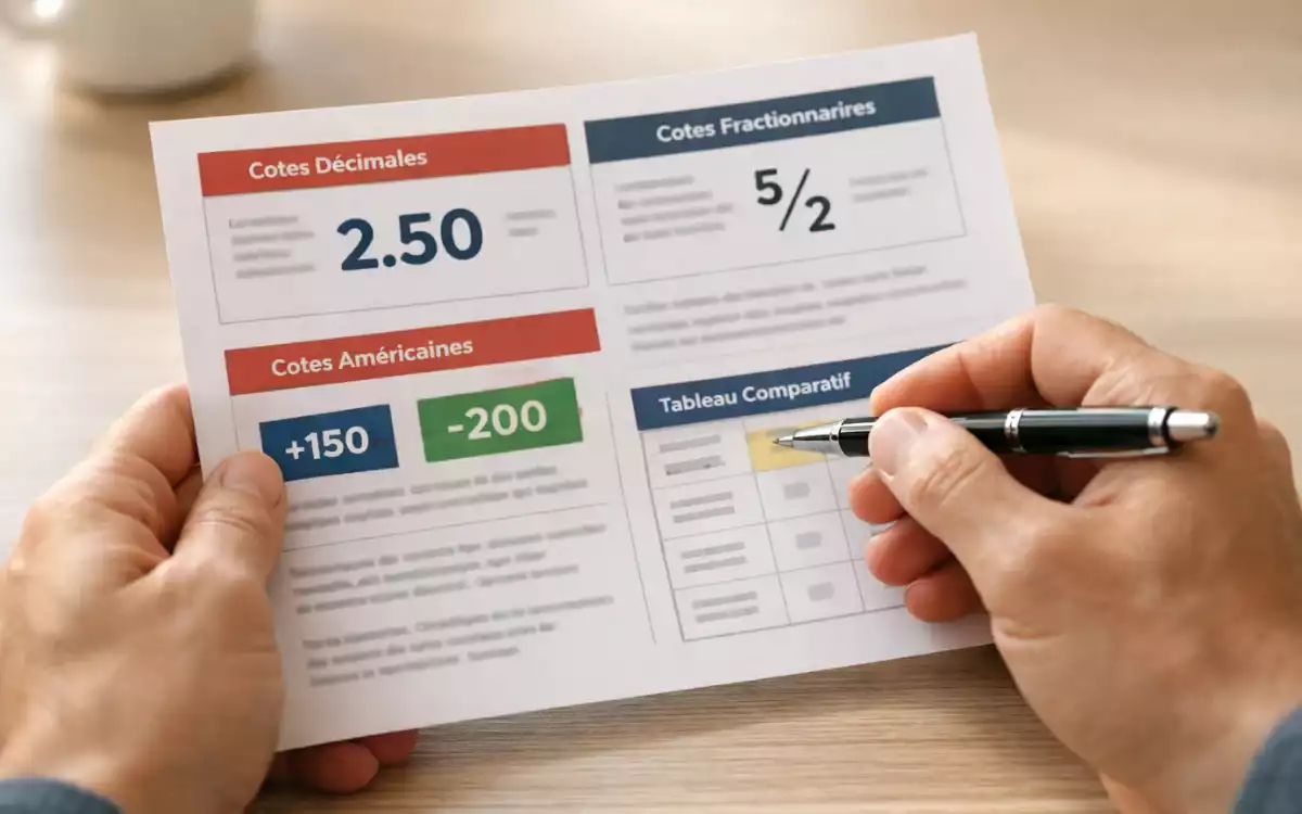 Personne &eacute;tudiant un document explicatif sur les formats de cotes avec un stylo &agrave; la main