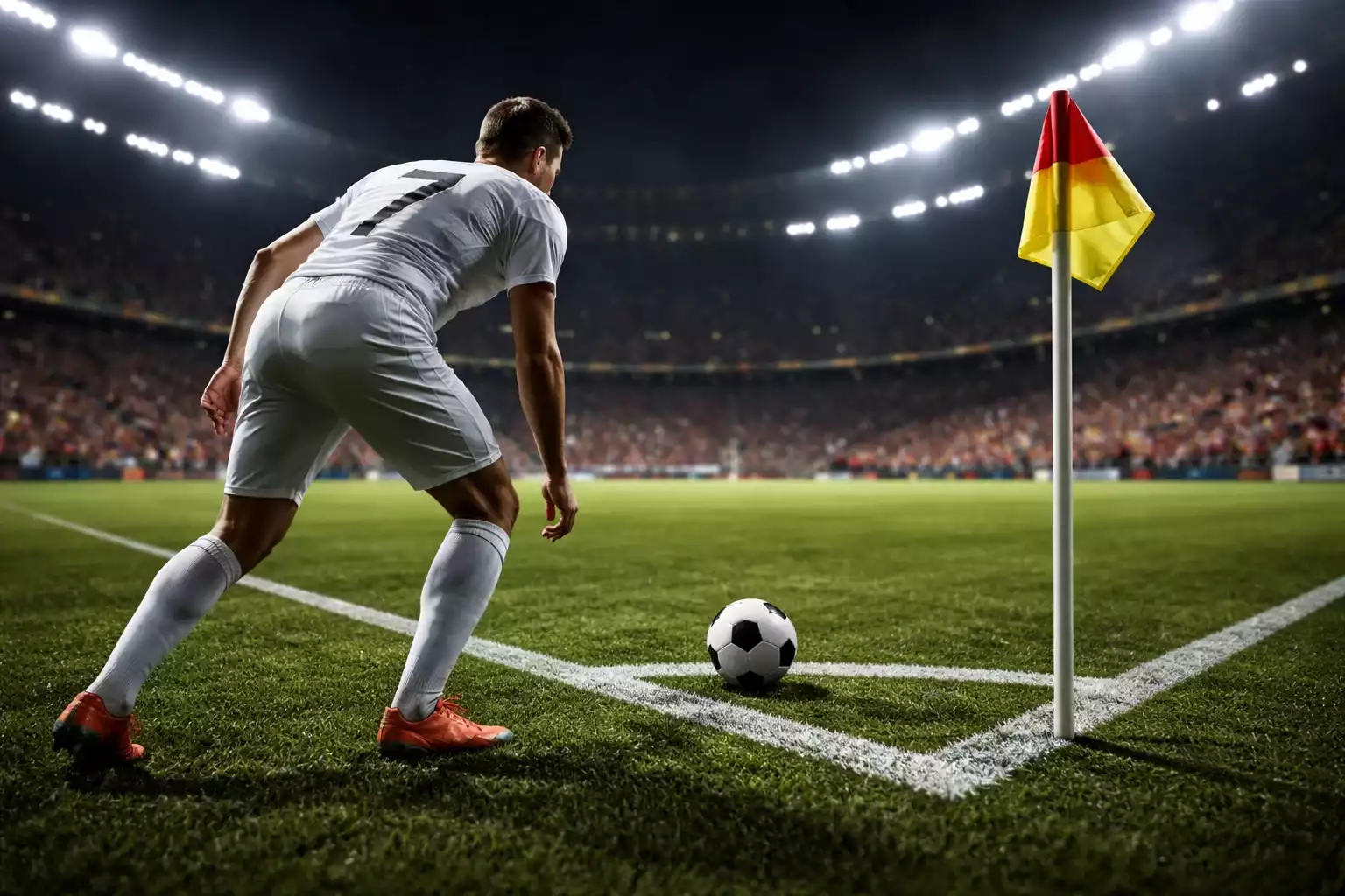 Joueur de football pr&ecirc;t &agrave; tirer un corner lors d'un match nocturne avec les supporters visibles en arri&egrave;re-plan