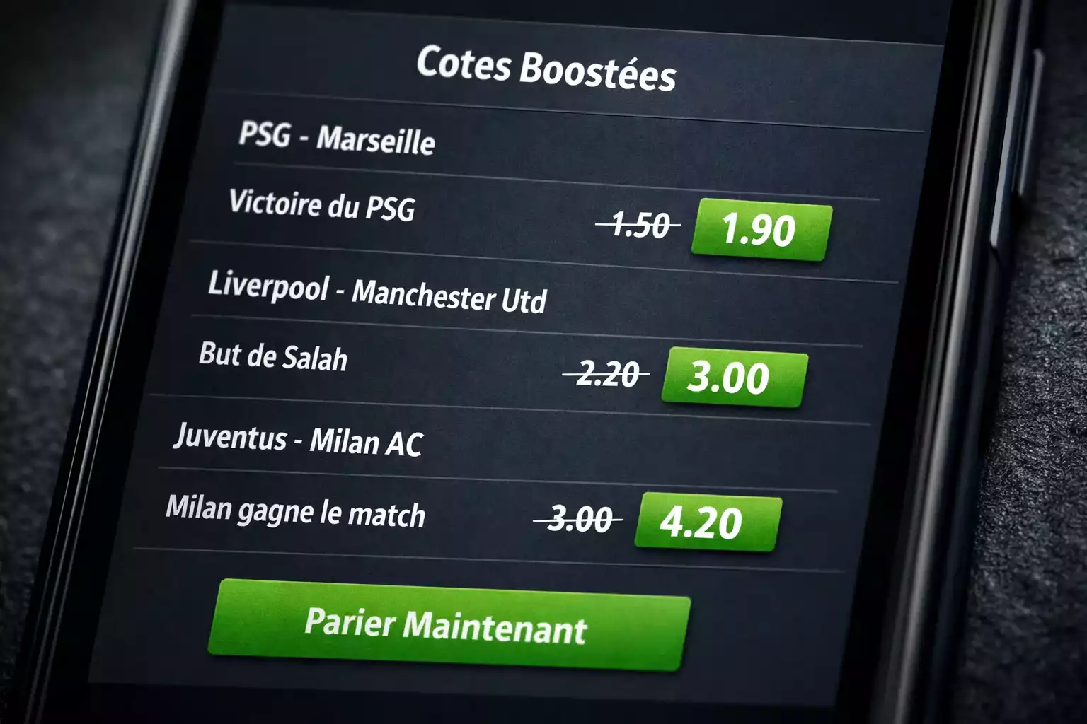 Écran montrant des cotes boostées sur des matchs de football européen