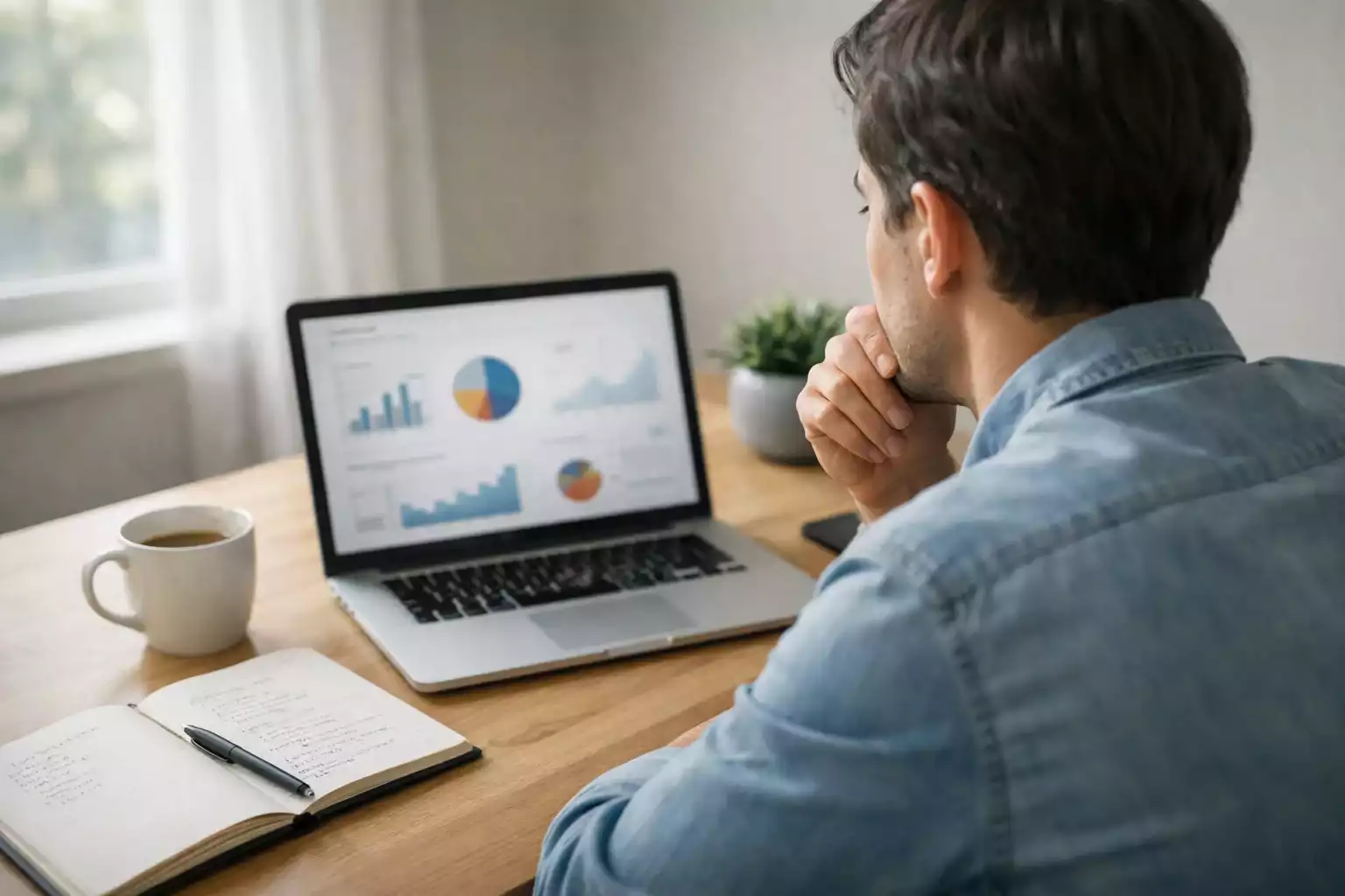 Personne r&eacute;fl&eacute;chissant devant un ordinateur portable avec des notes et un carnet d'analyse sur le bureau