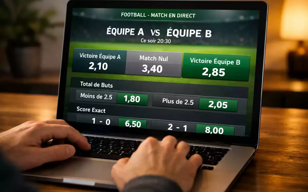 &Eacute;cran d'ordinateur portable affichant une interface de paris sportifs avec des cotes d&eacute;cimales pour un match de football
