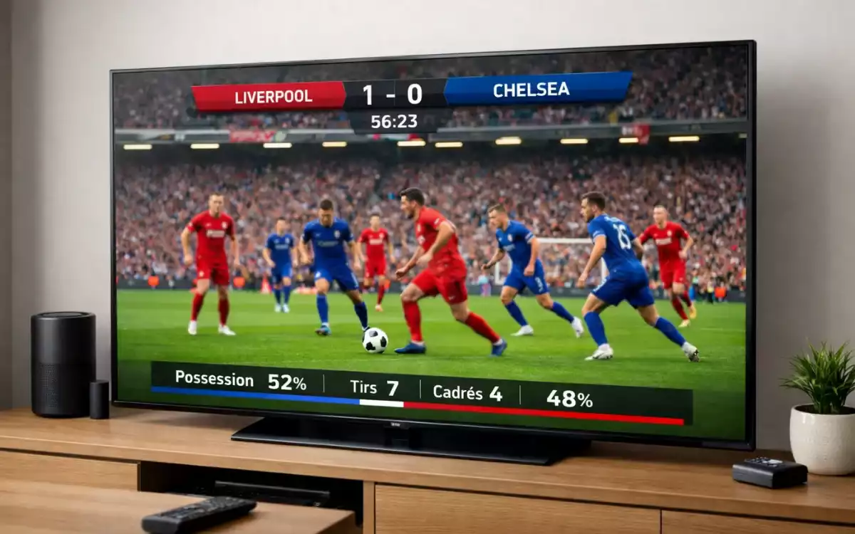 &Eacute;cran de t&eacute;l&eacute;vision diffusant un match de football en direct avec statistiques affich&eacute;es