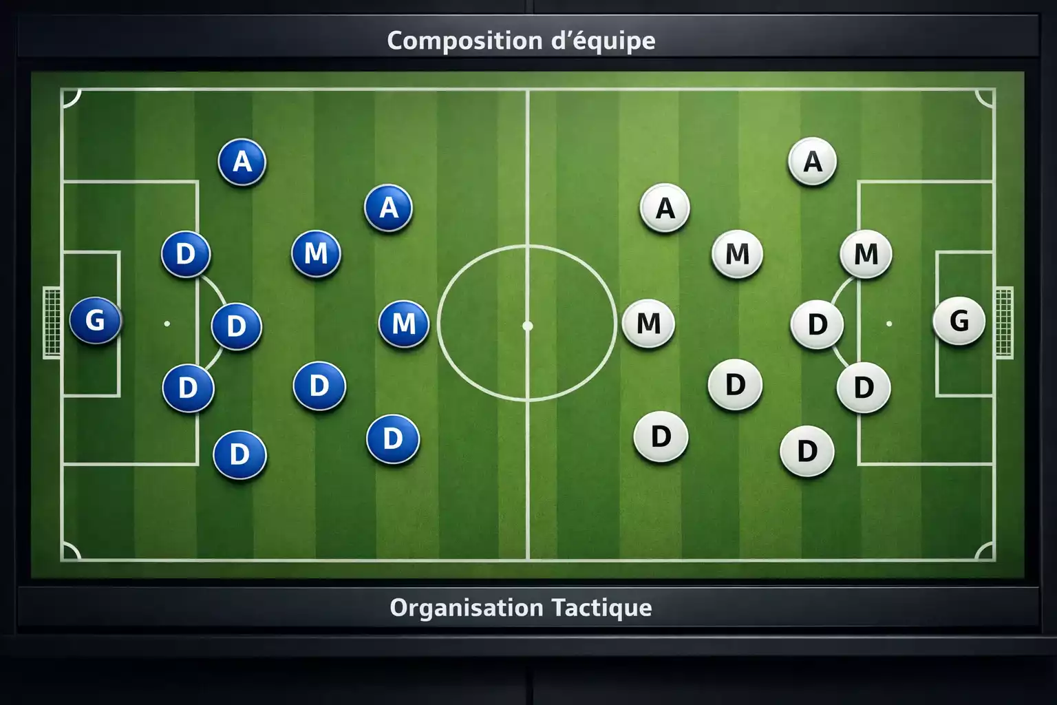 Tableau tactique de football montrant les positions des joueurs sur un terrain sch&eacute;matis&eacute;
