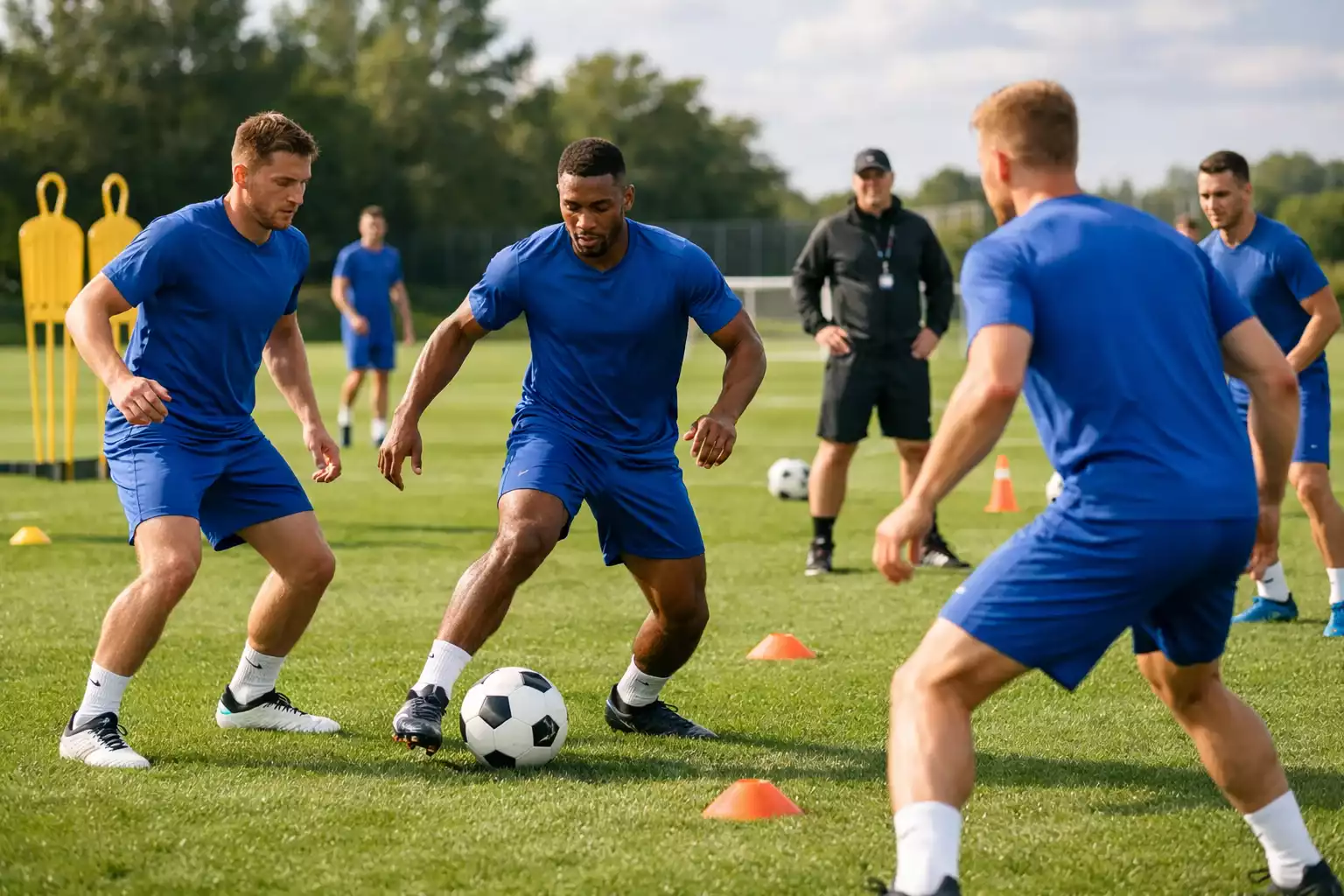 Joueurs de football professionnels lors d'un entraînement collectif sur un terrain d'entraînement moderne
