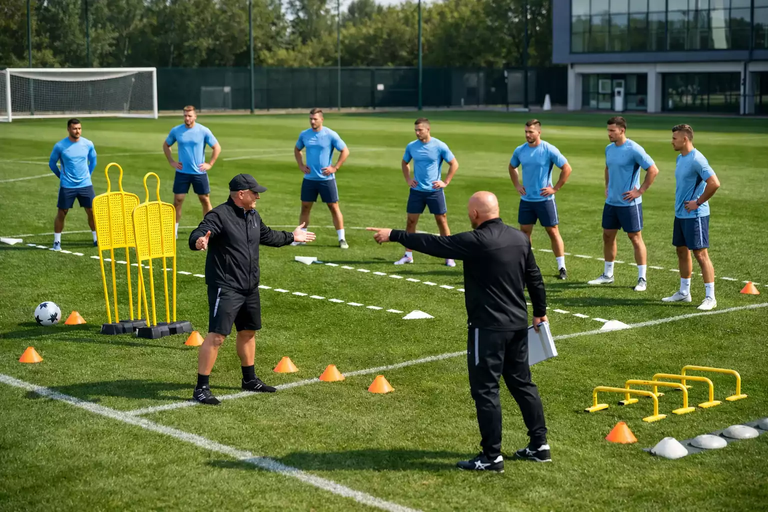 S&eacute;ance d'entra&icirc;nement tactique de football professionnel avec des joueurs positionn&eacute;s sur le terrain