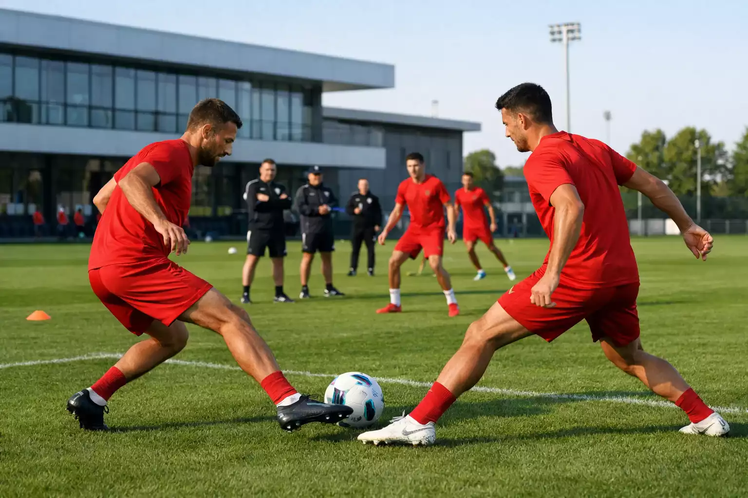 Séance d'entraînement de football professionnel avec des joueurs en action sur un terrain verdoyant