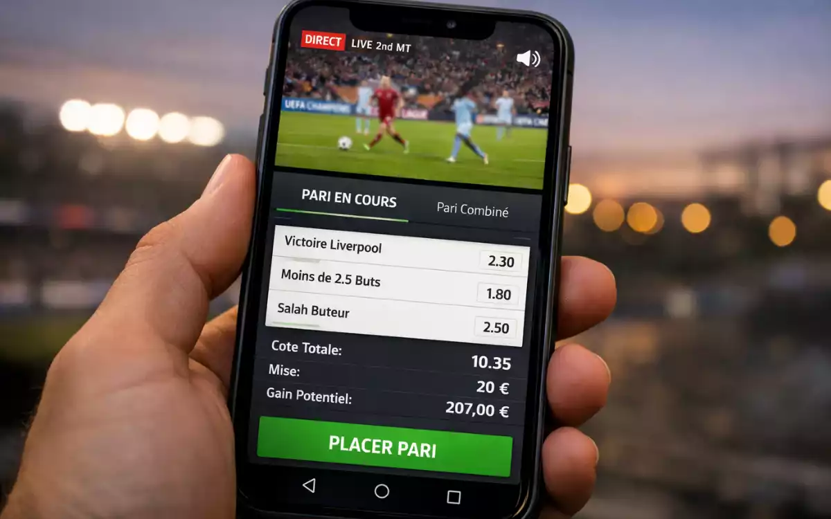 &Eacute;cran partag&eacute; montrant streaming vid&eacute;o et coupon de pari sur une application mobile
