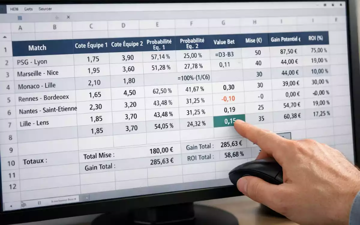 Feuille de calcul avec formules math&eacute;matiques et donn&eacute;es chiffr&eacute;es pour l'analyse de paris sportifs