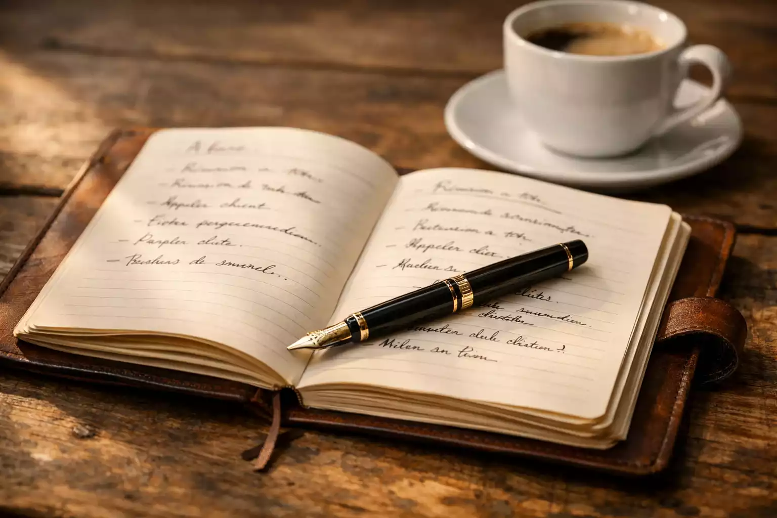 Carnet ouvert avec notes manuscrites sur une table en bois &agrave; c&ocirc;t&eacute; d'un stylo et d'une tasse de caf&eacute;