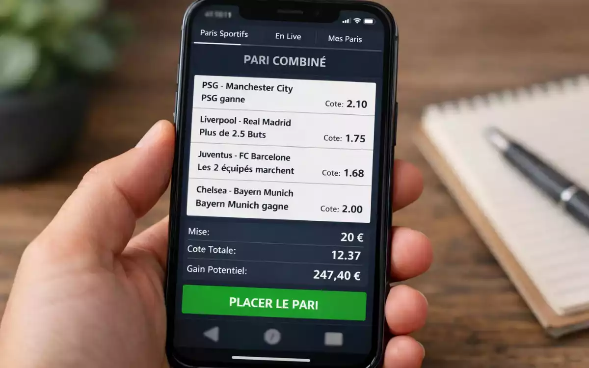 Interface de création de paris combinés sur une application mobile de paris sportifs