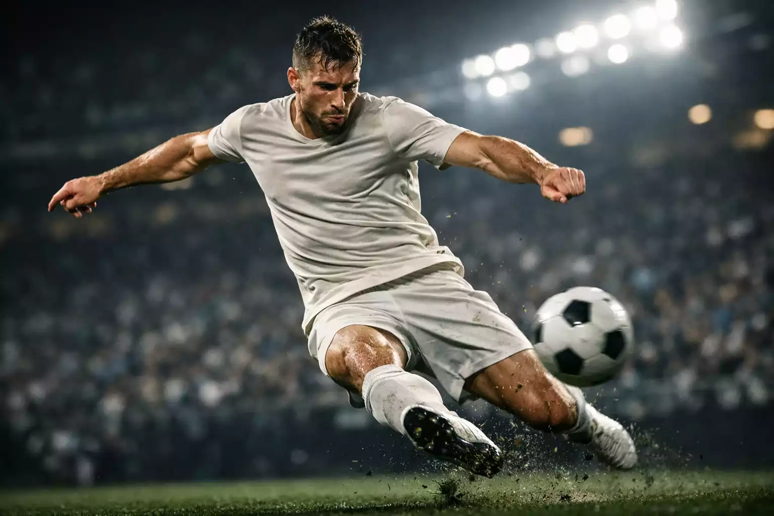 Attaquant de football professionnel en pleine action lors d'un match de nuit sous les projecteurs