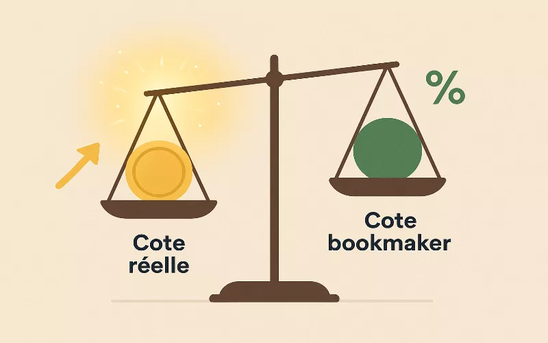 Illustration conceptuelle de la value betting avec balance montrant l'opportunit&eacute; de profit