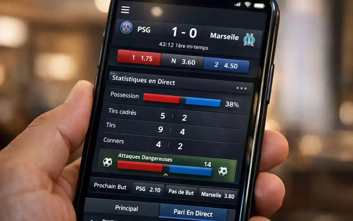 &Eacute;cran d'application Unibet montrant des cotes de match et des statistiques en direct