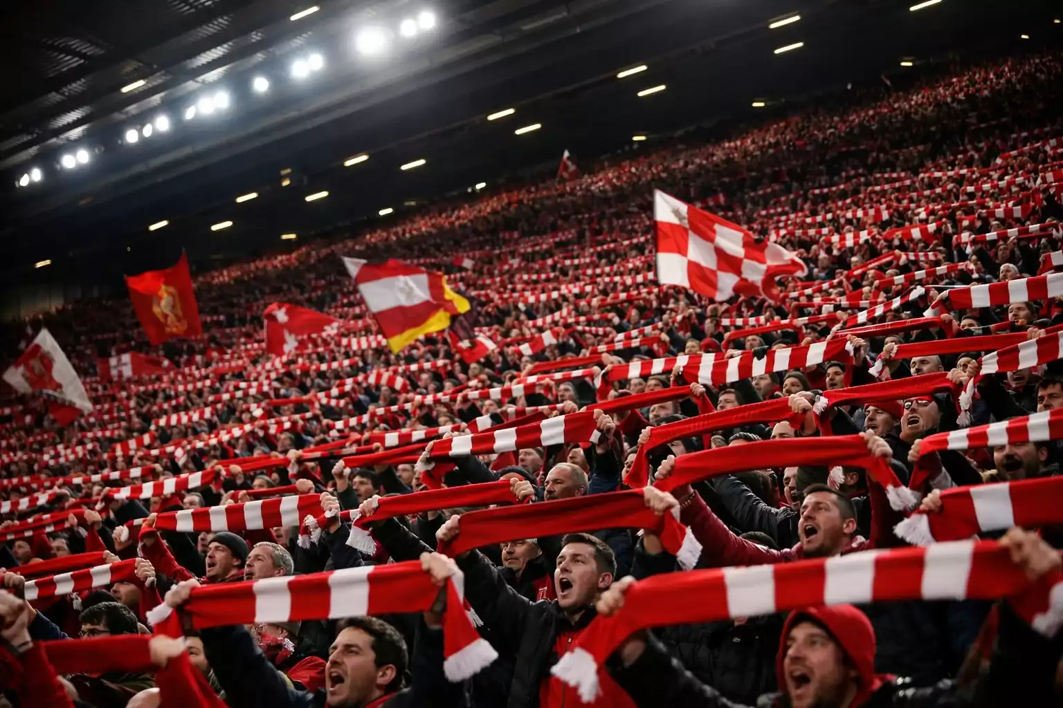 Tribune de supporters de football créant une atmosphère intense avec des drapeaux et écharpes rouges