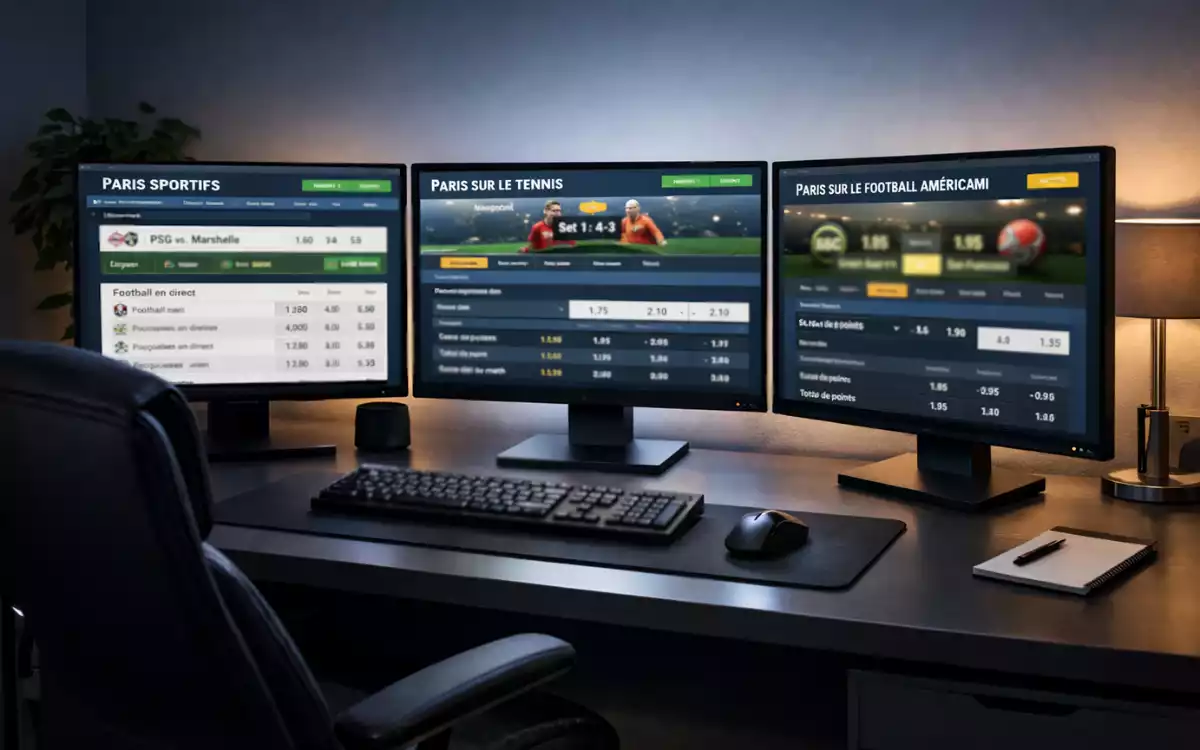 Bureau moderne avec plusieurs &eacute;crans d'ordinateur affichant diff&eacute;rents sites de paris sportifs pour comparaison