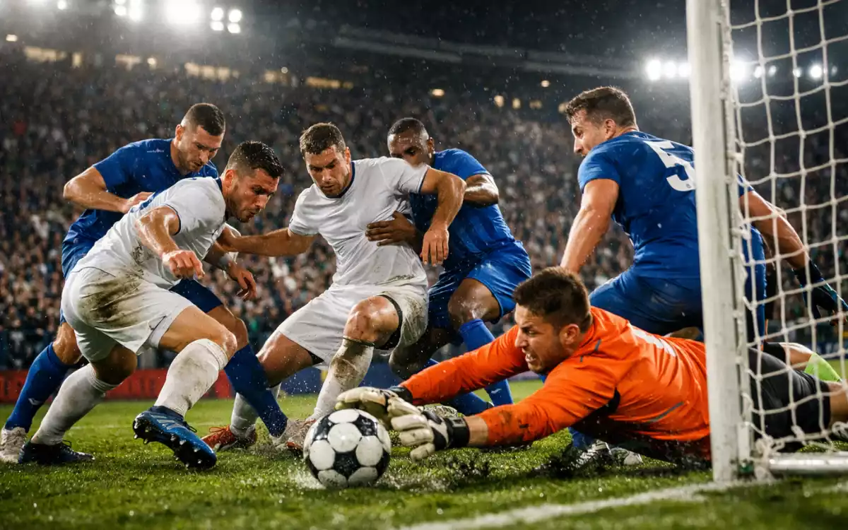 Action de match de football avec plusieurs joueurs dans la surface de r&eacute;paration
