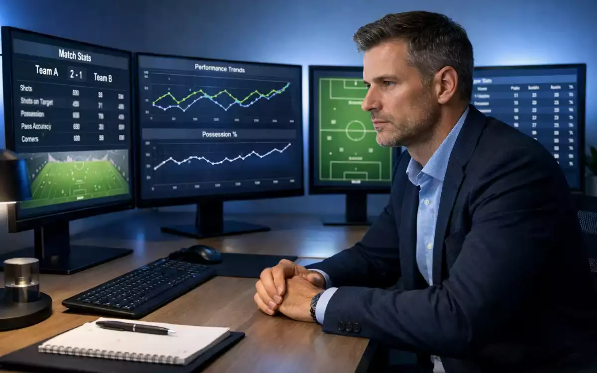 Analyste sportif concentr&eacute; devant plusieurs &eacute;crans affichant des statistiques et graphiques de paris sportifs