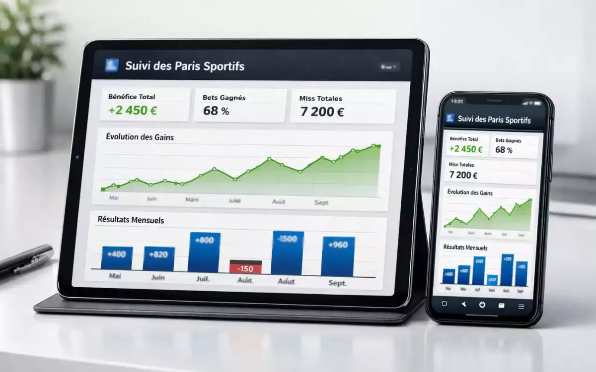 Application mobile et tablette affichant des outils de suivi de paris sportifs avec graphiques de performance