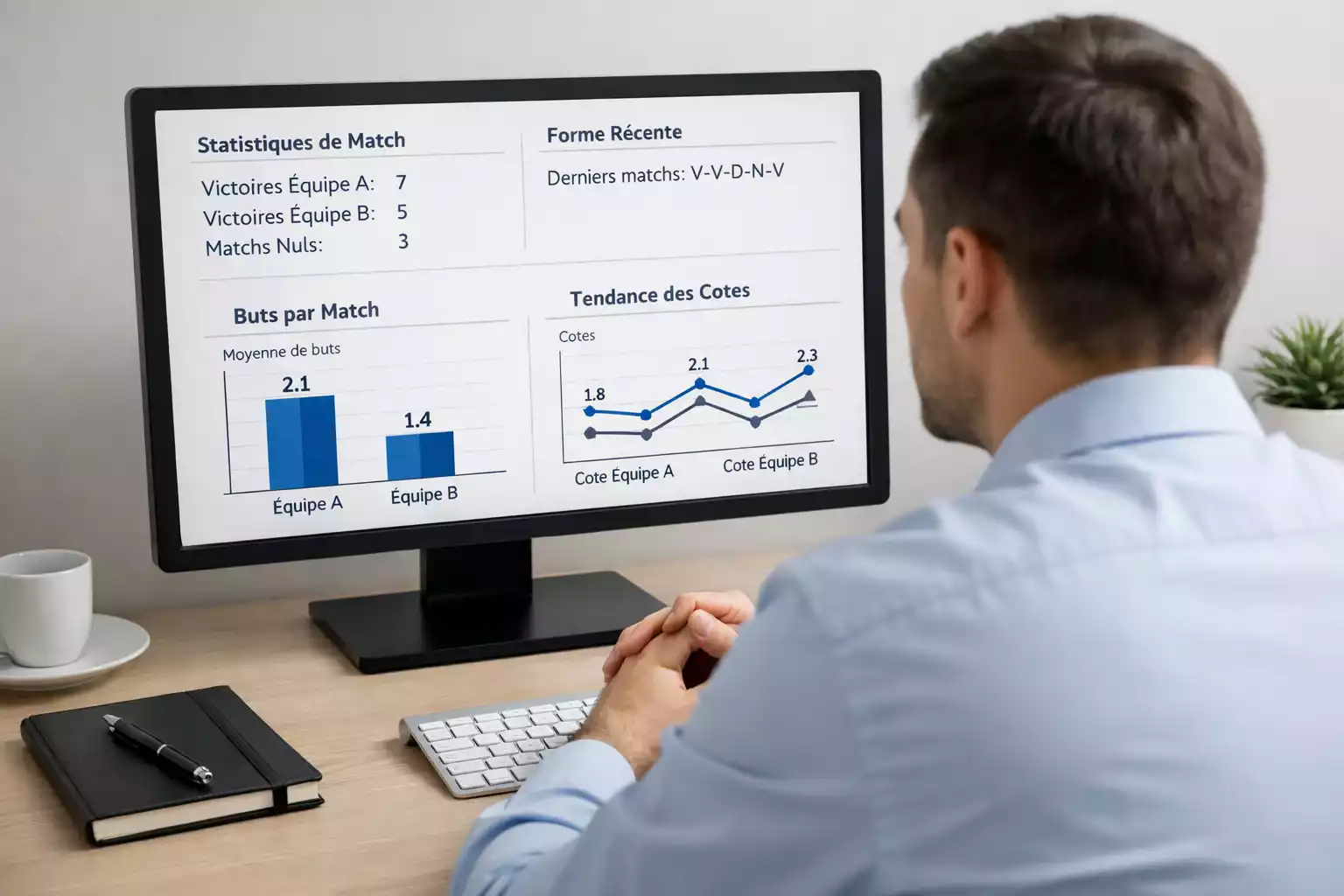 Personne concentr&eacute;e devant un &eacute;cran d'ordinateur analysant des donn&eacute;es sportives dans un environnement calme
