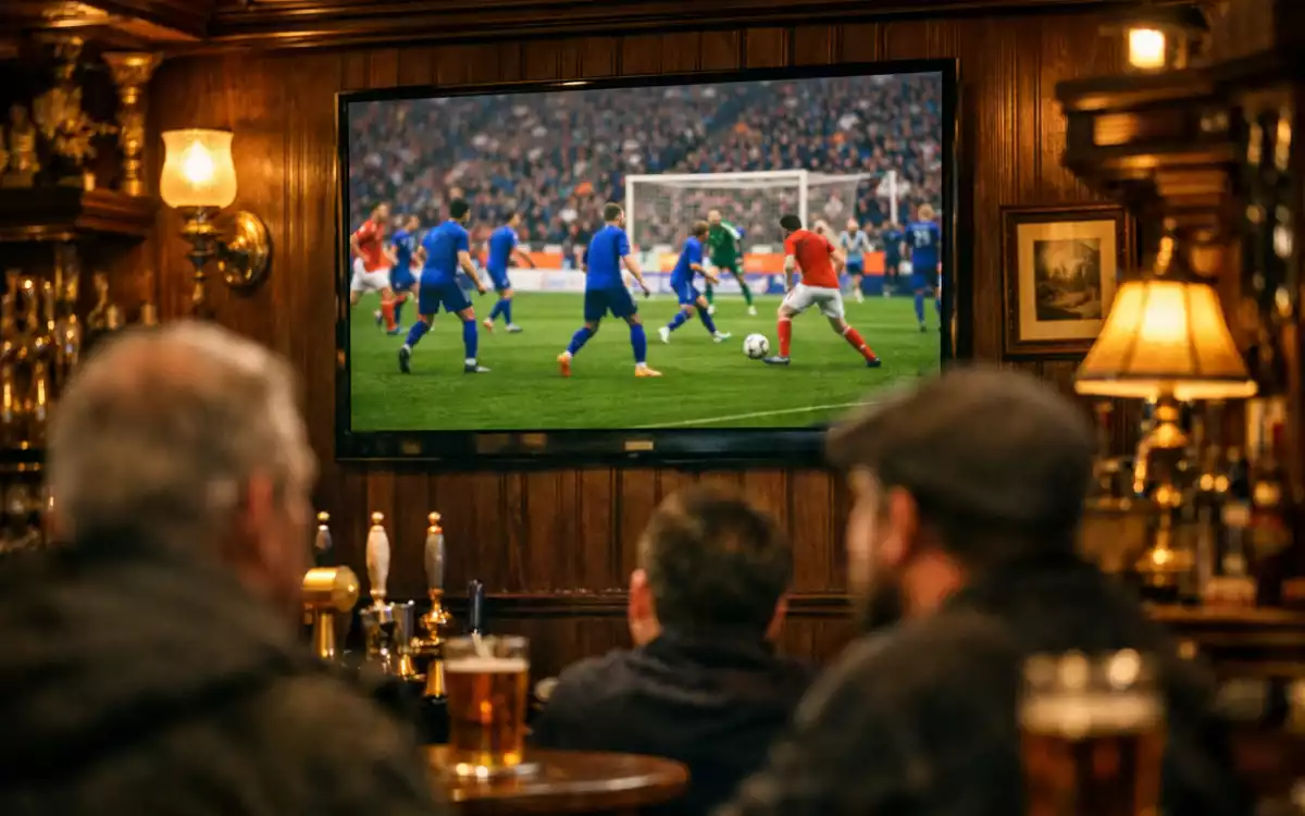 Int&eacute;rieur chaleureux d'un pub britannique traditionnel avec un &eacute;cran diffusant un match de football
