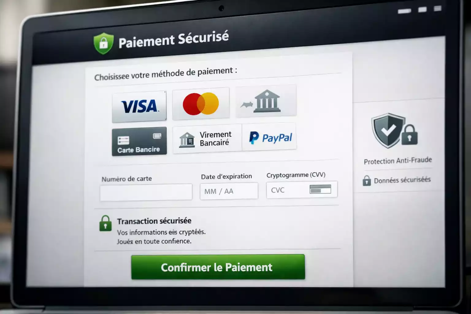 Icônes de sécurité et logos de moyens de paiement sur un écran d'ordinateur