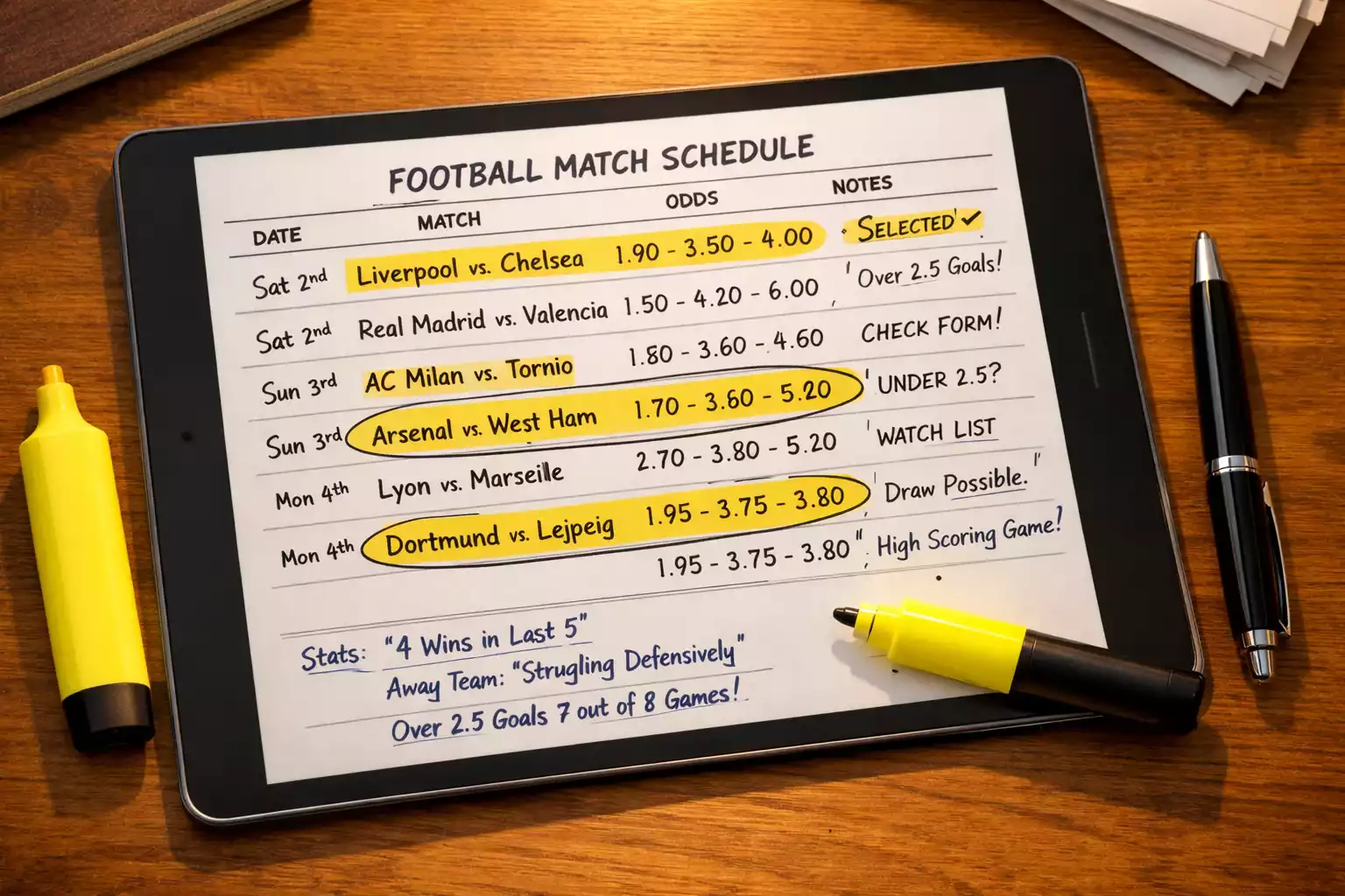 Calendrier de matchs de football avec des annotations et des statistiques