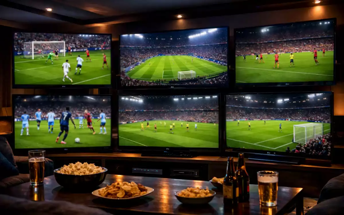 Écrans multiples diffusant plusieurs matchs de Ligue des Champions simultanément