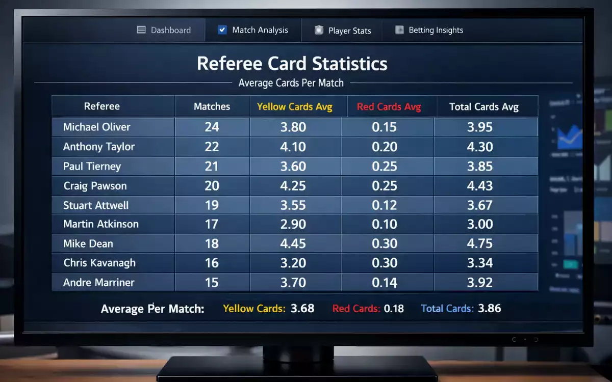 Tableau de statistiques montrant les moyennes de cartons par arbitre