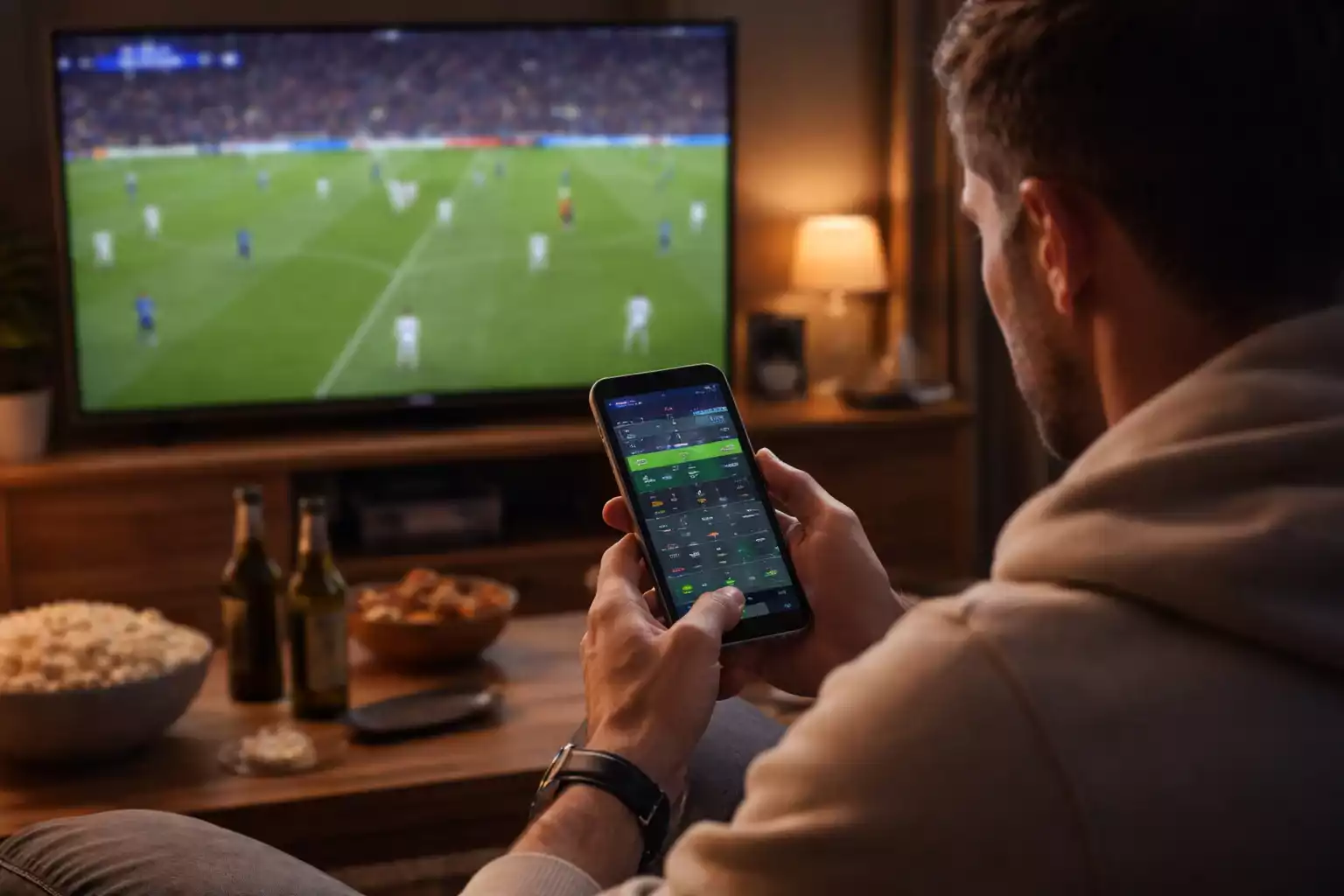 Personne regardant un match de football sur &eacute;cran tout en consultant son t&eacute;l&eacute;phone avec une application de paris