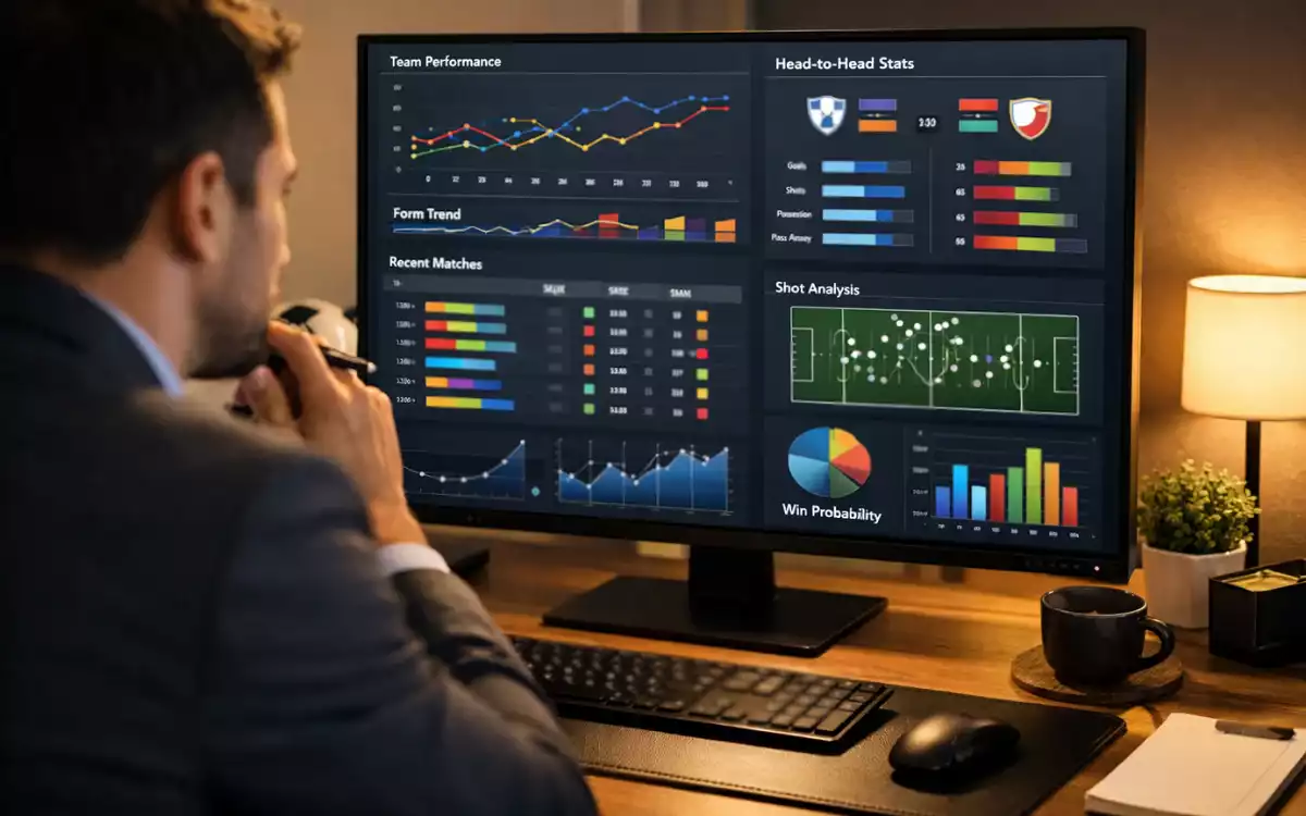 Personne analysant des donn&eacute;es de football sur un &eacute;cran d'ordinateur avec des graphiques de performance