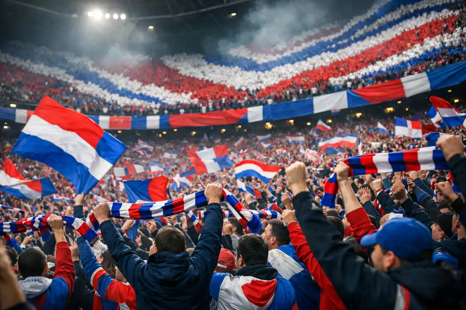 Tribunes d'un stade de football remplies de supporters enthousiastes agitant des drapeaux et écharpes