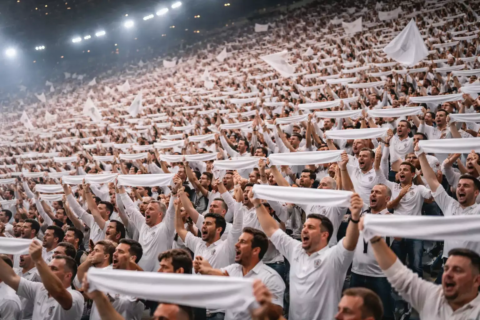 Supporters de football brandissant des &eacute;charpes et drapeaux blancs dans une ambiance de match europ&eacute;en