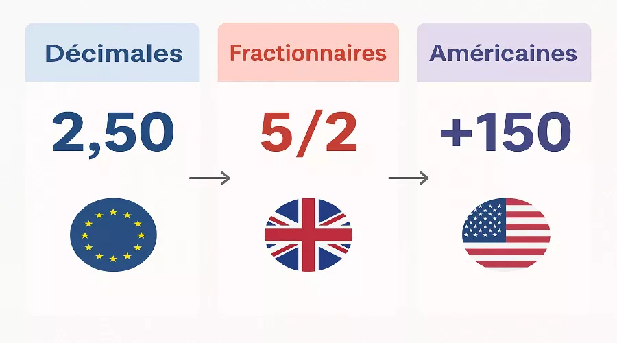 Comparaison des trois syst&egrave;mes de cotes : d&eacute;cimales europ&eacute;ennes, fractionnaires britanniques et am&eacute;ricaines