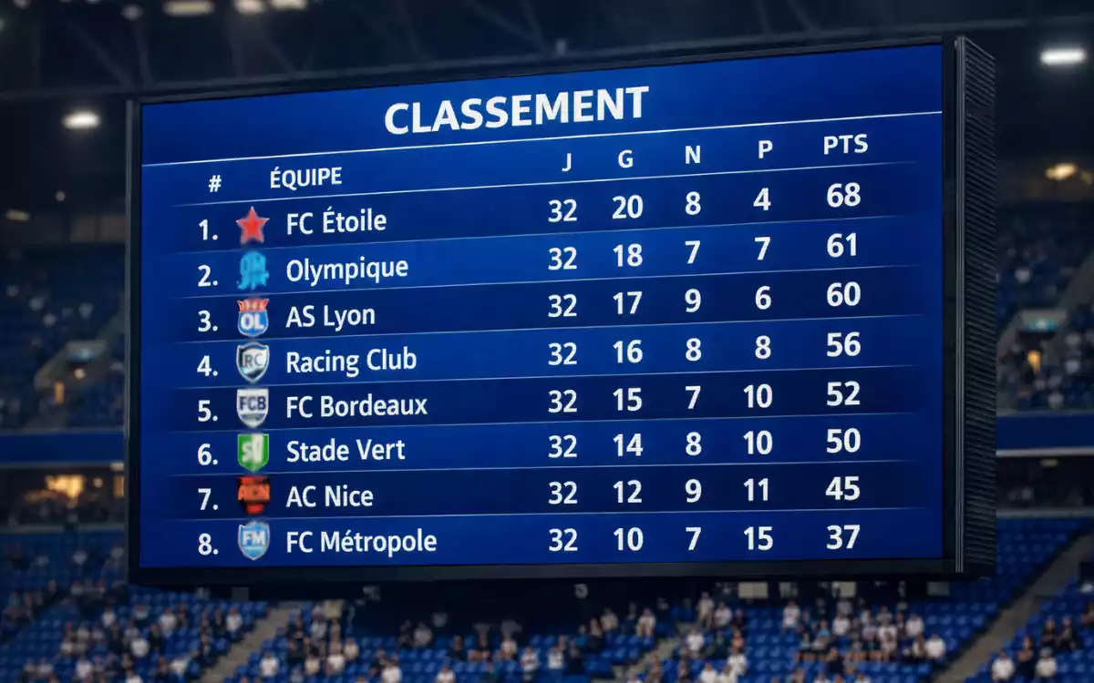 Écran géant dans un stade affichant le classement de la phase de ligue avec les logos des équipes