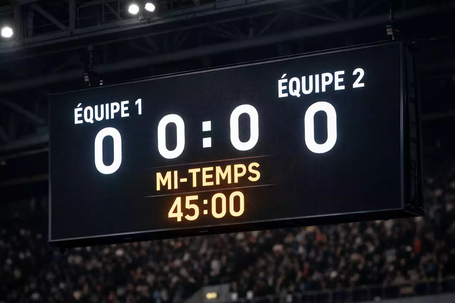 Tableau d'affichage montrant le score 0-0 &agrave; la mi-temps d'un match