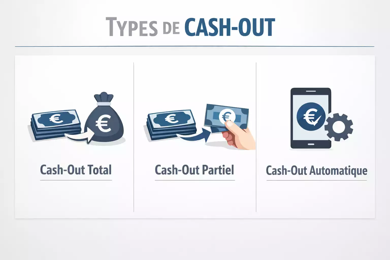 Sch&eacute;ma illustrant les trois options de cash-out : total, partiel et automatique