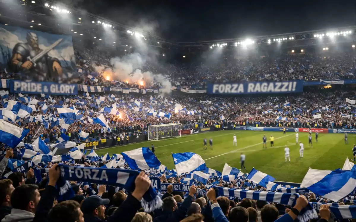 Stade de football rempli de supporters passionn&eacute;s agitant des drapeaux bleus et blancs lors d'une soir&eacute;e europ&eacute;enne